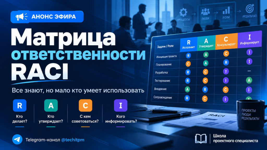 Анонс эфира «Матрица ответственности RACI». Иллюстрация с матрицей ролей R, A, C, I.